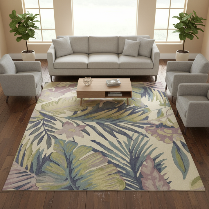9' X 12' Green Pink And Purple Wool Tropical Botanical Hand Tufted Area Rug
