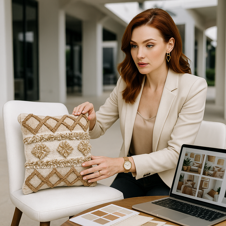 Premium 20" x 20" Tan Zippered Geometric Indoor Outdoor Throw Pillow with Polyester Construction