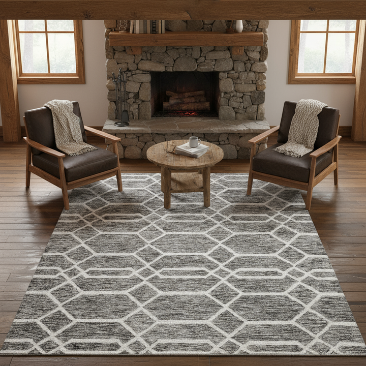 Transitional Trellis & Lattice Gray/Black/Ivory Area Rug