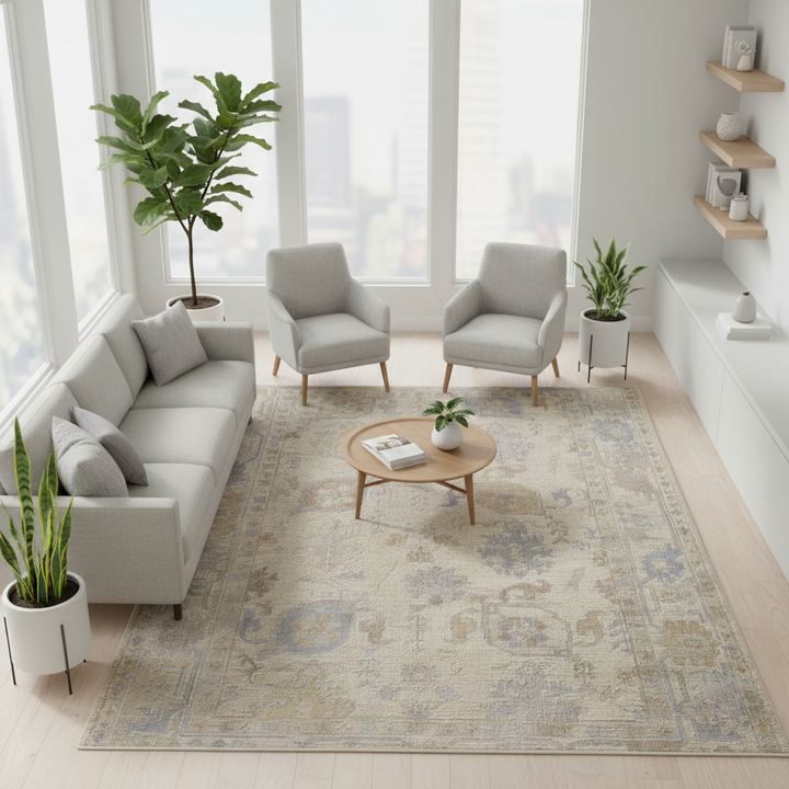 12' X 15' Beige and Blue Medallion Distressed Indoor Outdoor Area Rug