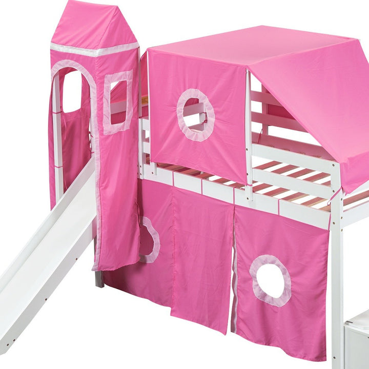 Twin Size Loft Bed with Tent and Tower, Sturdy Wooden Frame, Adventure-Themed Fun and Functional Design for Bedroom, Pink
