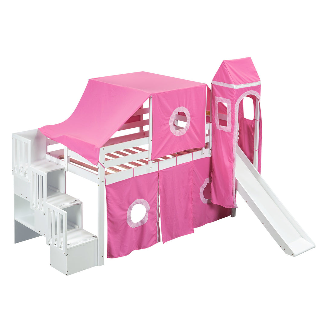 Twin Size Loft Bed with Tent and Tower, Sturdy Wooden Frame, Adventure-Themed Fun and Functional Design for Bedroom, Pink