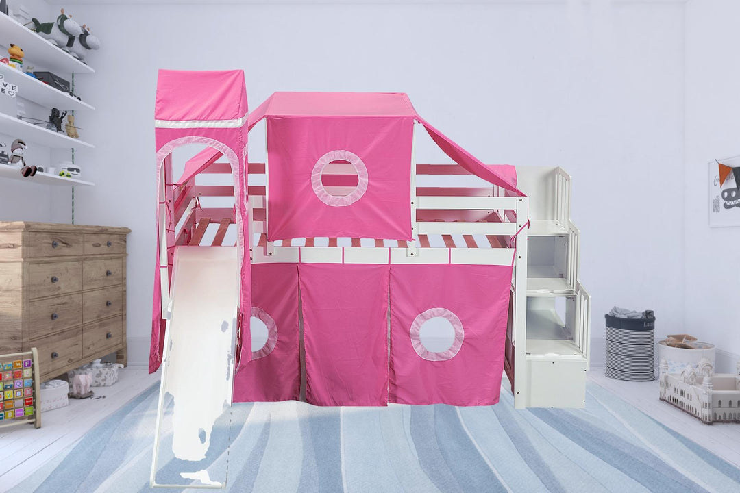 Twin Size Loft Bed with Tent and Tower, Sturdy Wooden Frame, Adventure-Themed Fun and Functional Design for Bedroom, Pink