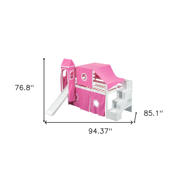 Twin Size Loft Bed with Tent and Tower, Sturdy Wooden Frame, Adventure-Themed Fun and Functional Design for Bedroom, Pink