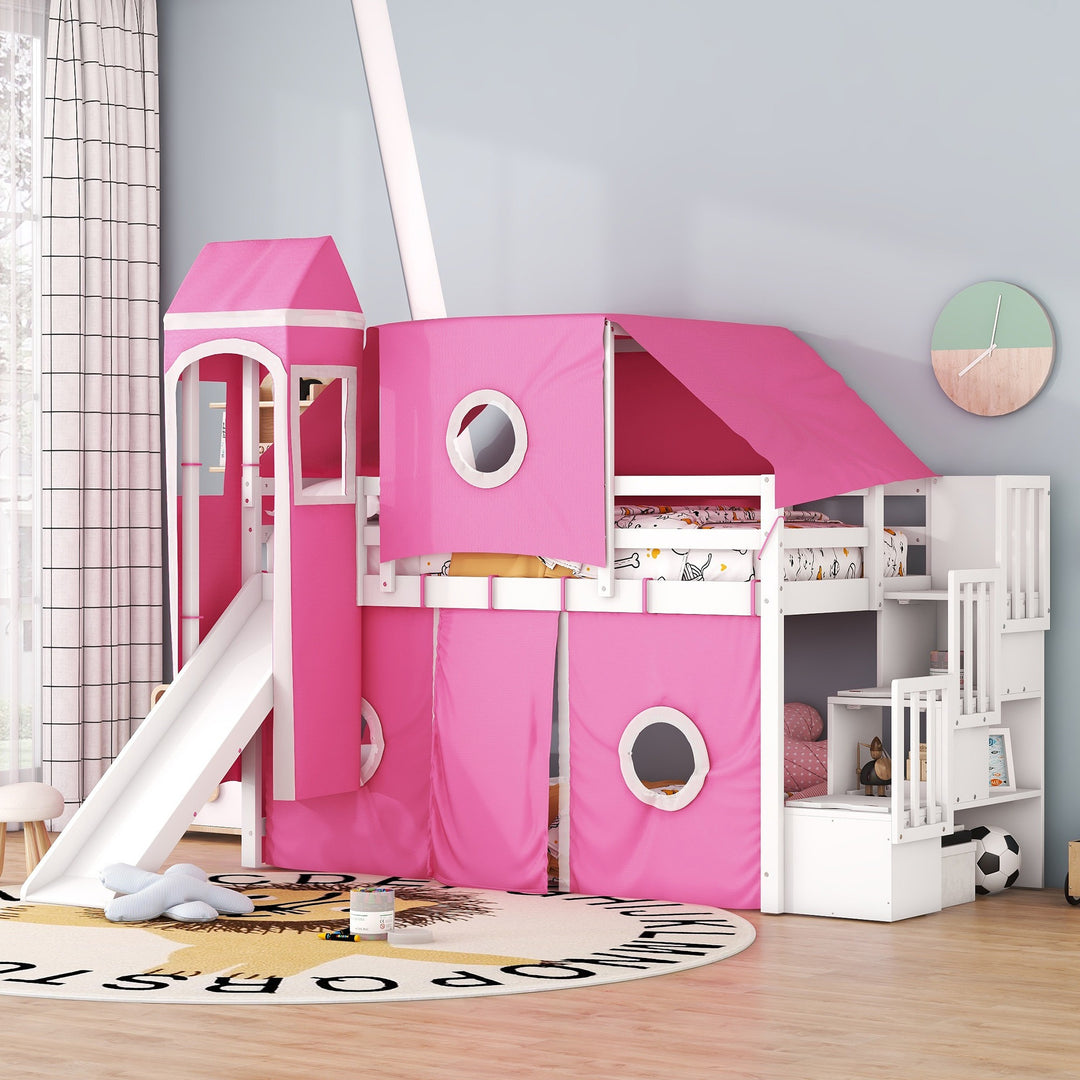 Twin Size Loft Bed with Tent and Tower, Sturdy Wooden Frame, Adventure-Themed Fun and Functional Design for Bedroom, Pink