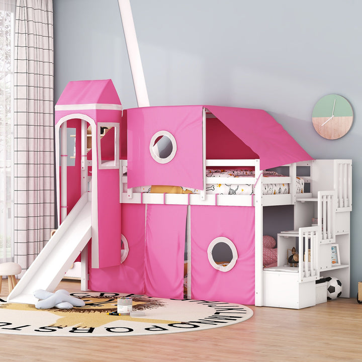 Twin Size Loft Bed with Tent and Tower, Sturdy Wooden Frame, Adventure-Themed Fun and Functional Design for Bedroom, Pink