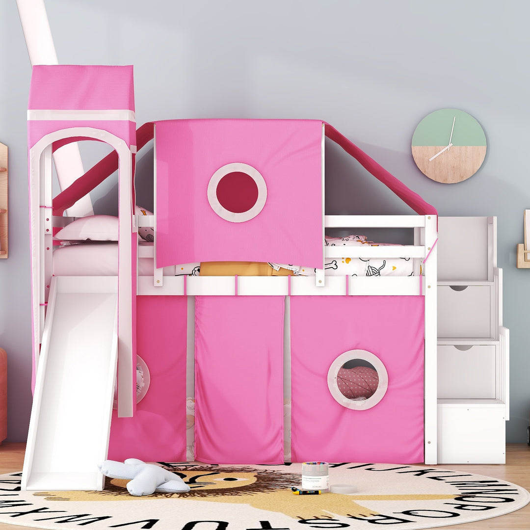 Twin Size Loft Bed with Tent and Tower, Sturdy Wooden Frame, Adventure-Themed Fun and Functional Design for Bedroom, Pink