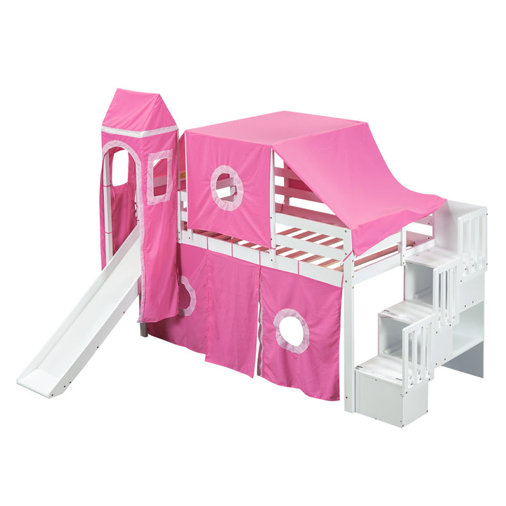 Twin Size Loft Bed with Tent and Tower, Sturdy Wooden Frame, Adventure-Themed Fun and Functional Design for Bedroom, Pink