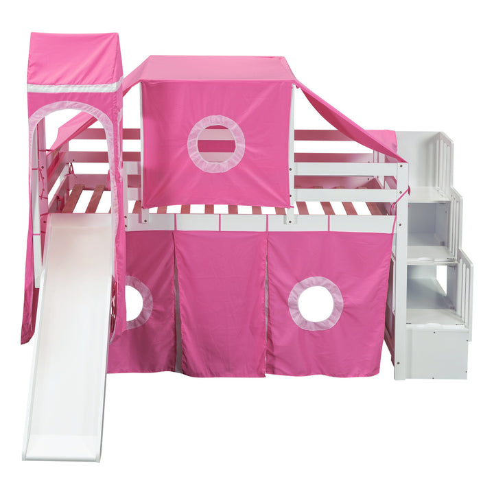 Twin Size Loft Bed with Tent and Tower, Sturdy Wooden Frame, Adventure-Themed Fun and Functional Design for Bedroom, Pink