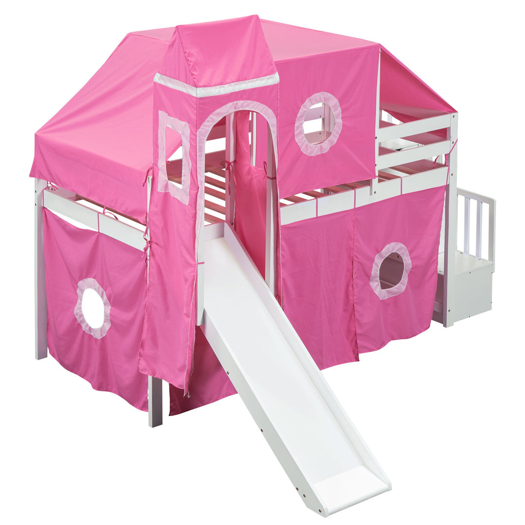 Twin Size Loft Bed with Tent and Tower, Sturdy Wooden Frame, Adventure-Themed Fun and Functional Design for Bedroom, Pink