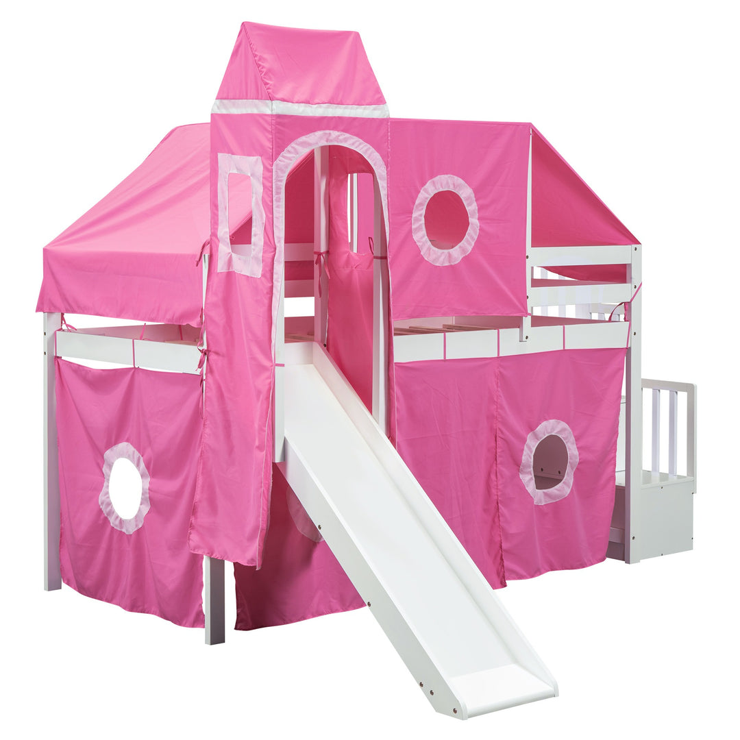 Twin Size Loft Bed with Tent and Tower, Sturdy Wooden Frame, Adventure-Themed Fun and Functional Design for Bedroom, Pink