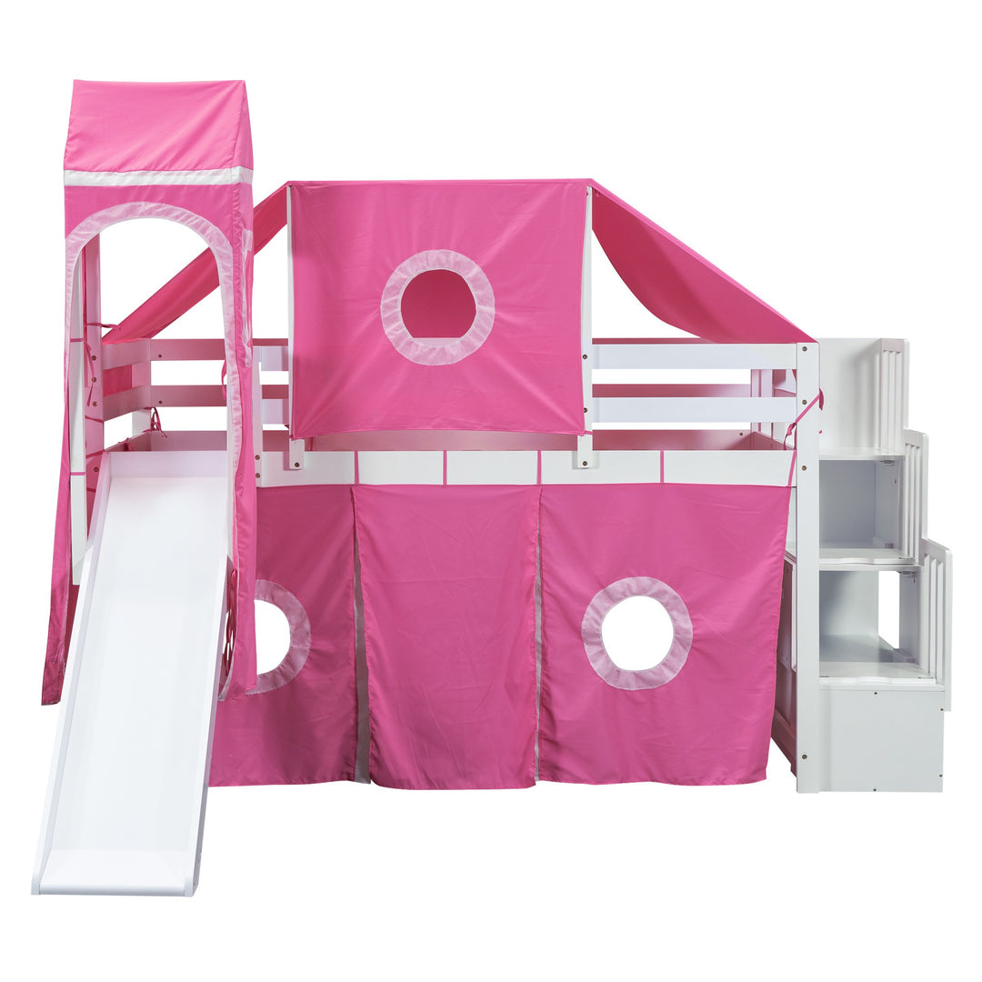 Twin Size Loft Bed with Tent and Tower, Sturdy Wooden Frame, Adventure-Themed Fun and Functional Design for Bedroom, Pink