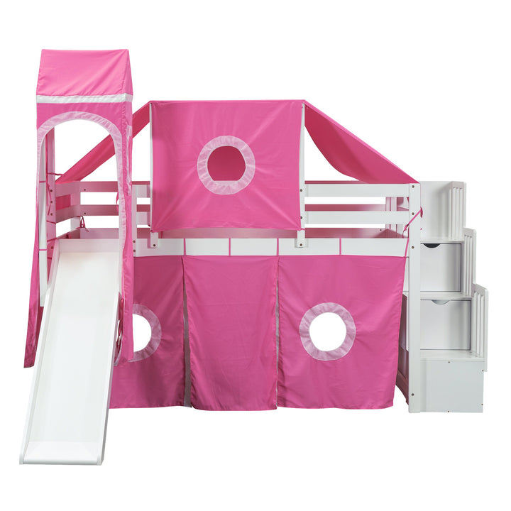 Twin Size Loft Bed with Tent and Tower, Sturdy Wooden Frame, Adventure-Themed Fun and Functional Design for Bedroom, Pink
