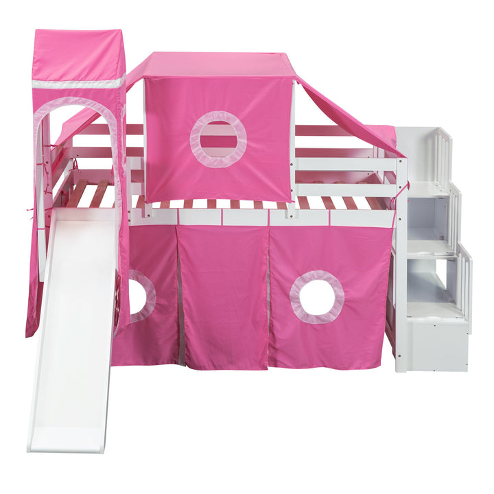 Twin Size Loft Bed with Tent and Tower, Sturdy Wooden Frame, Adventure-Themed Fun and Functional Design for Bedroom, Pink