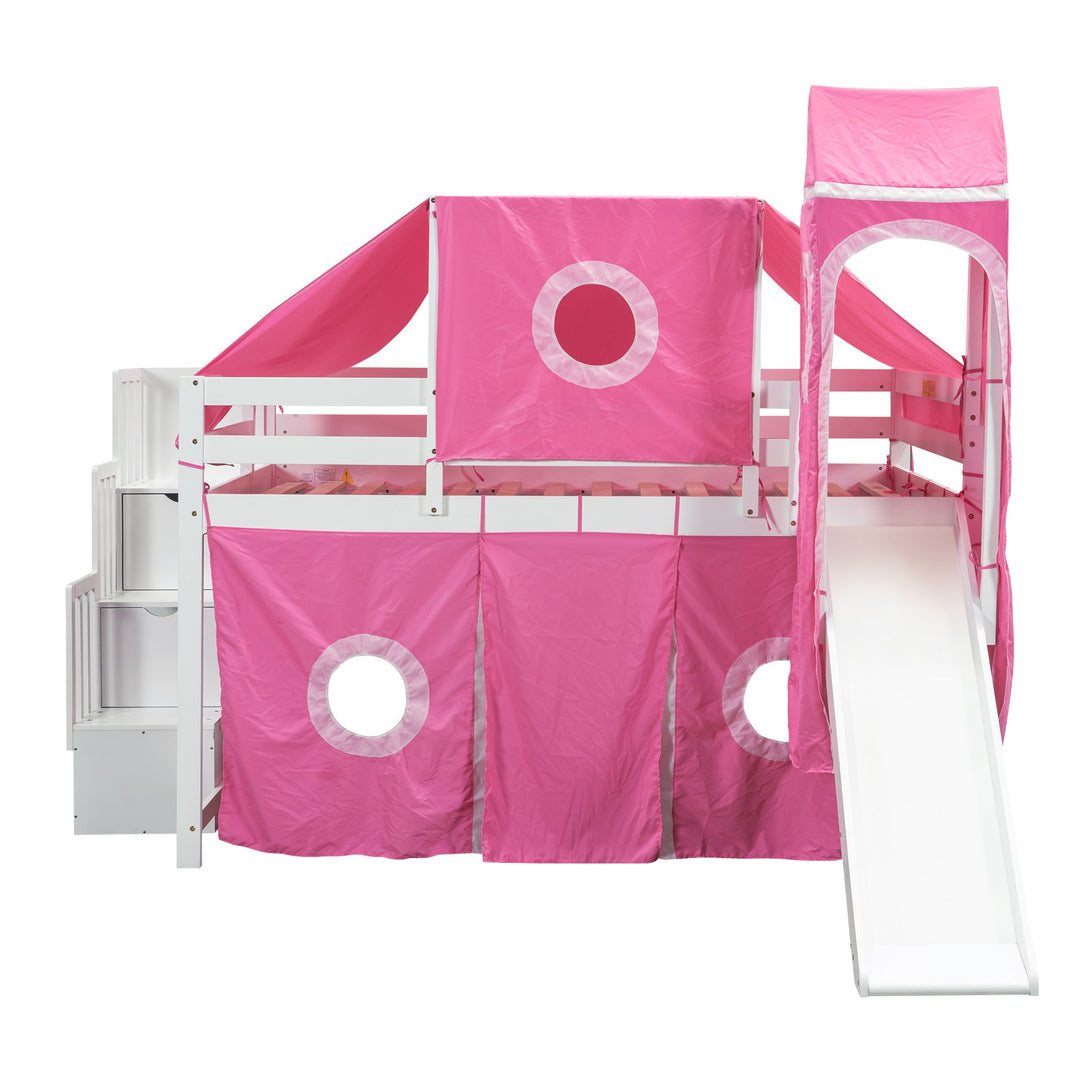 Full Size Loft Bed with Tent and Tower, Sturdy Wooden Frame, Adventure-Themed Fun and Functional Design for Bedroom, Pink