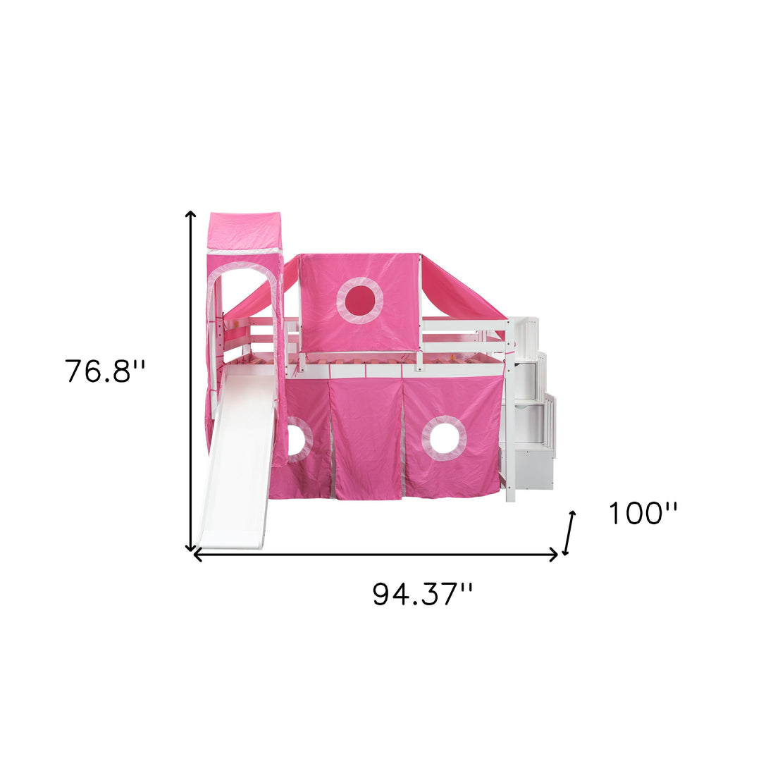 Full Size Loft Bed with Tent and Tower, Sturdy Wooden Frame, Adventure-Themed Fun and Functional Design for Bedroom, Pink
