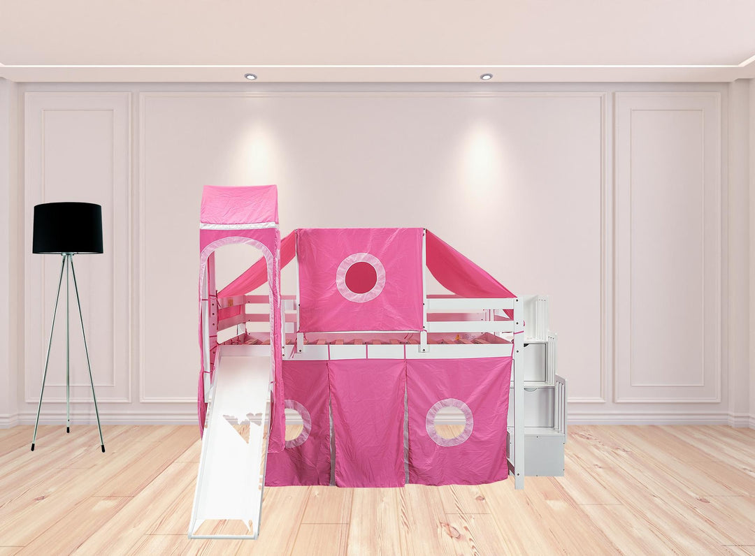 Full Size Loft Bed with Tent and Tower, Sturdy Wooden Frame, Adventure-Themed Fun and Functional Design for Bedroom, Pink