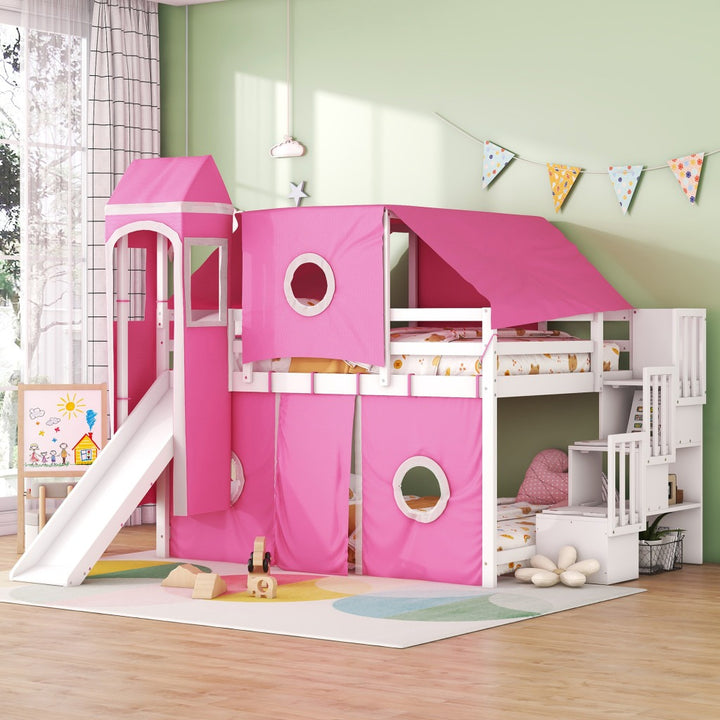 Full Size Loft Bed with Tent and Tower, Sturdy Wooden Frame, Adventure-Themed Fun and Functional Design for Bedroom, Pink