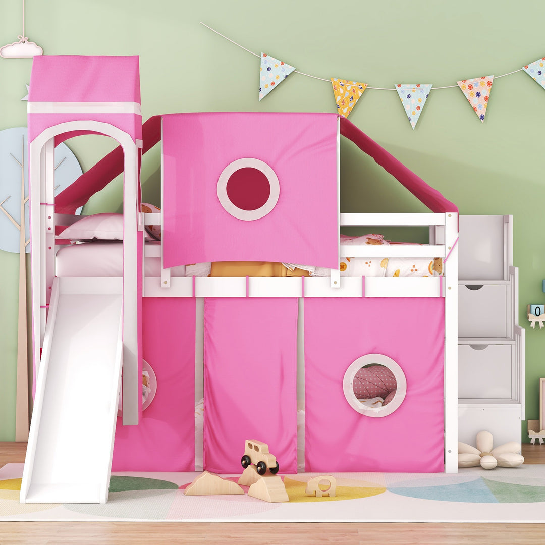 Full Size Loft Bed with Tent and Tower, Sturdy Wooden Frame, Adventure-Themed Fun and Functional Design for Bedroom, Pink