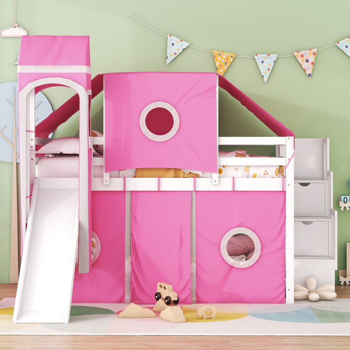 Full Size Loft Bed with Tent and Tower, Sturdy Wooden Frame, Adventure-Themed Fun and Functional Design for Bedroom, Pink