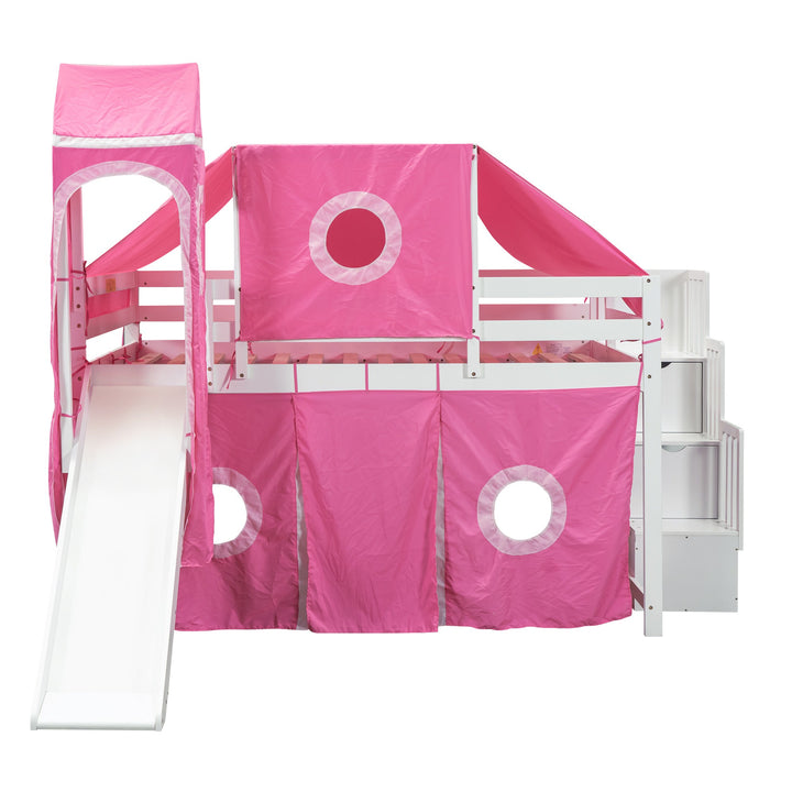 Full Size Loft Bed with Tent and Tower, Sturdy Wooden Frame, Adventure-Themed Fun and Functional Design for Bedroom, Pink
