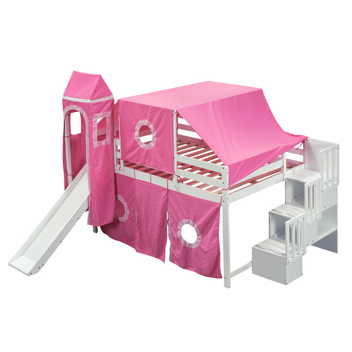 Full Size Loft Bed with Tent and Tower, Sturdy Wooden Frame, Adventure-Themed Fun and Functional Design for Bedroom, Pink