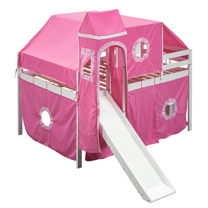 Full Size Loft Bed with Tent and Tower, Sturdy Wooden Frame, Adventure-Themed Fun and Functional Design for Bedroom, Pink