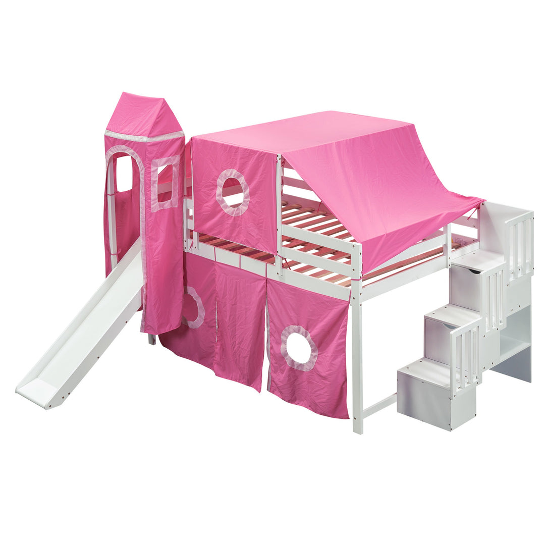 Full Size Loft Bed with Tent and Tower, Sturdy Wooden Frame, Adventure-Themed Fun and Functional Design for Bedroom, Pink