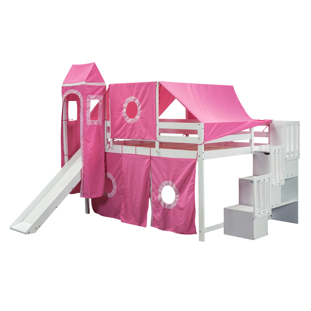 Full Size Loft Bed with Tent and Tower, Sturdy Wooden Frame, Adventure-Themed Fun and Functional Design for Bedroom, Pink