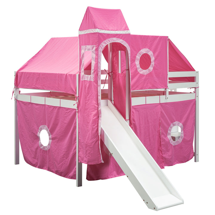 Full Size Loft Bed with Tent and Tower, Sturdy Wooden Frame, Adventure-Themed Fun and Functional Design for Bedroom, Pink