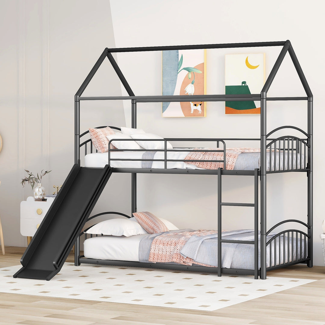 Twin Over Twin Metal Bunk Bed with Slide, House Bed Frame with Playful Design, Sturdy and Modern Structure, Black
