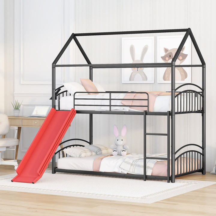 Twin Over Twin Metal Bunk Bed with Slide, House Bed Frame with Playful Design, Sturdy and Modern Structure, Black+Red