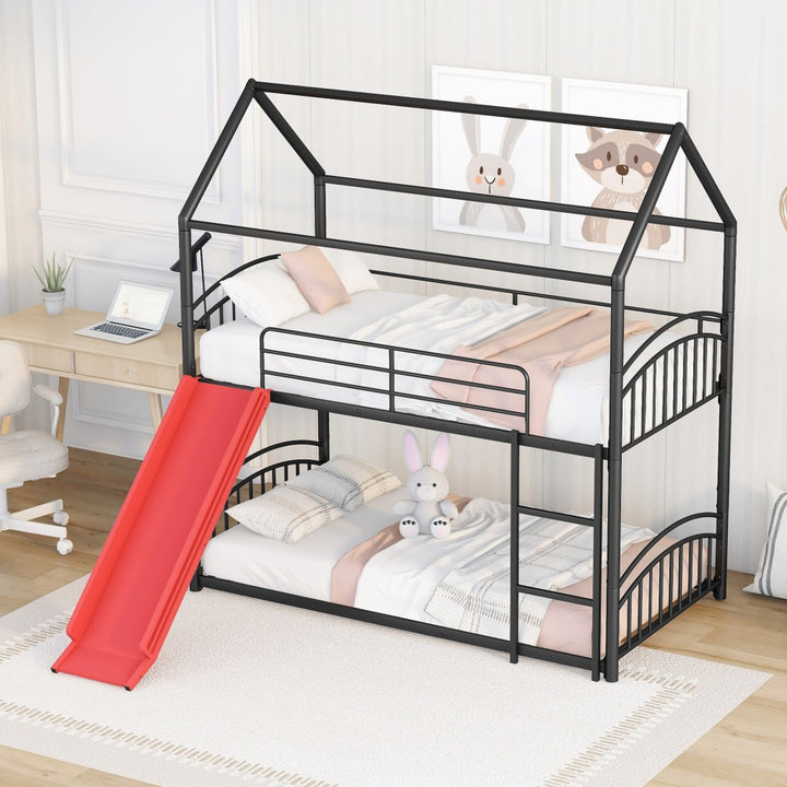 Twin Over Twin Metal Bunk Bed with Slide, House Bed Frame with Playful Design, Sturdy and Modern Structure, Black+Red