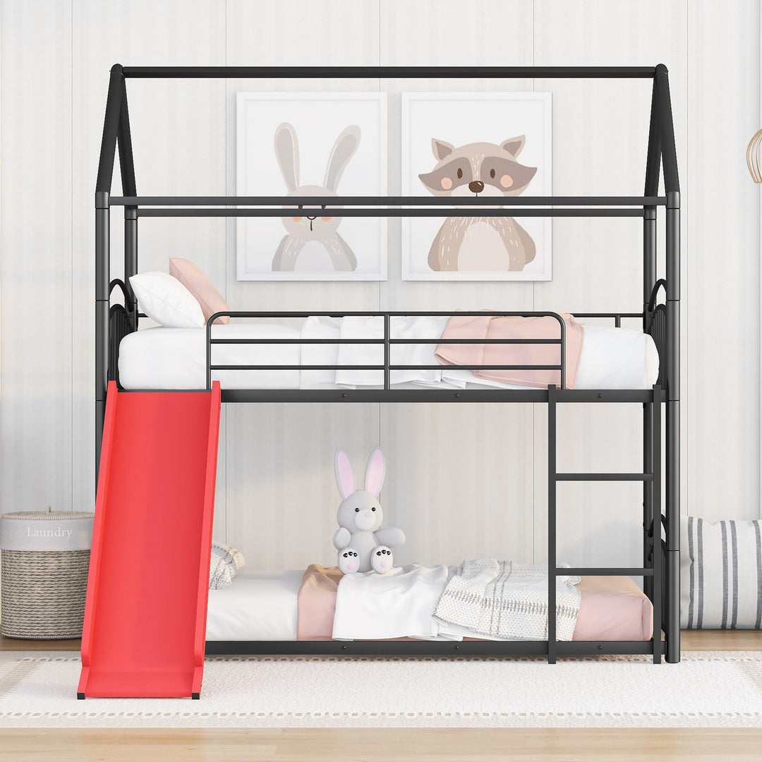 Twin Over Twin Metal Bunk Bed with Slide, House Bed Frame with Playful Design, Sturdy and Modern Structure, Black+Red