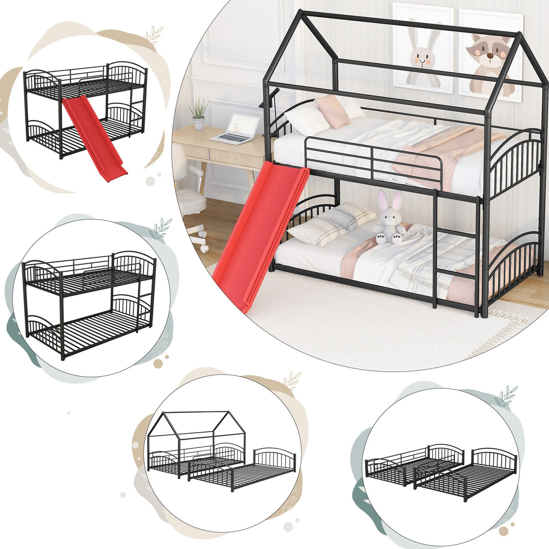 Twin Over Twin Metal Bunk Bed with Slide, House Bed Frame with Playful Design, Sturdy and Modern Structure, Black+Red