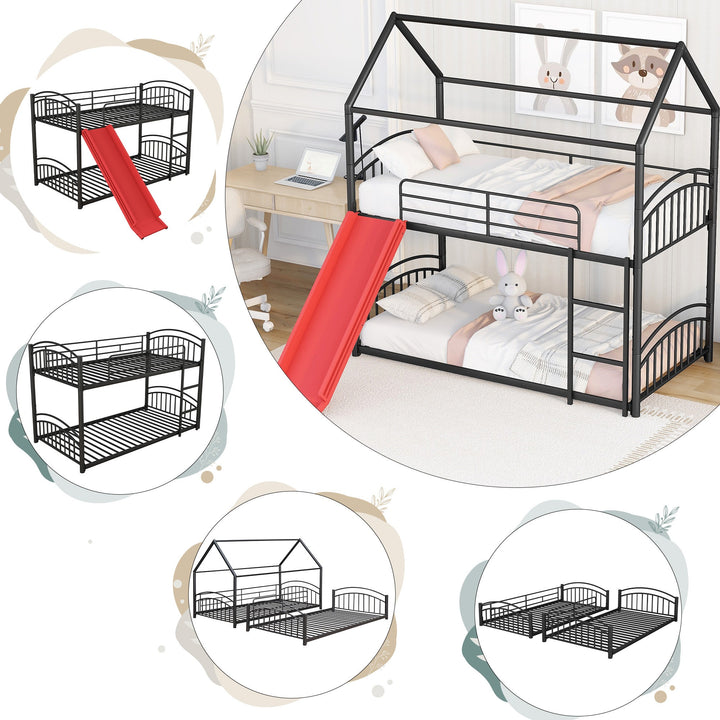 Twin Over Twin Metal Bunk Bed with Slide, House Bed Frame with Playful Design, Sturdy and Modern Structure, Black+Red