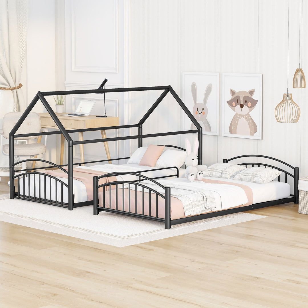 Twin Over Twin Metal Bunk Bed with Slide, House Bed Frame with Playful Design, Sturdy and Modern Structure, Black+Red
