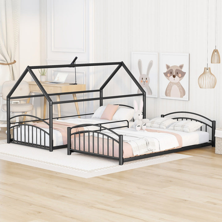 Twin Over Twin Metal Bunk Bed with Slide, House Bed Frame with Playful Design, Sturdy and Modern Structure, Black+Red