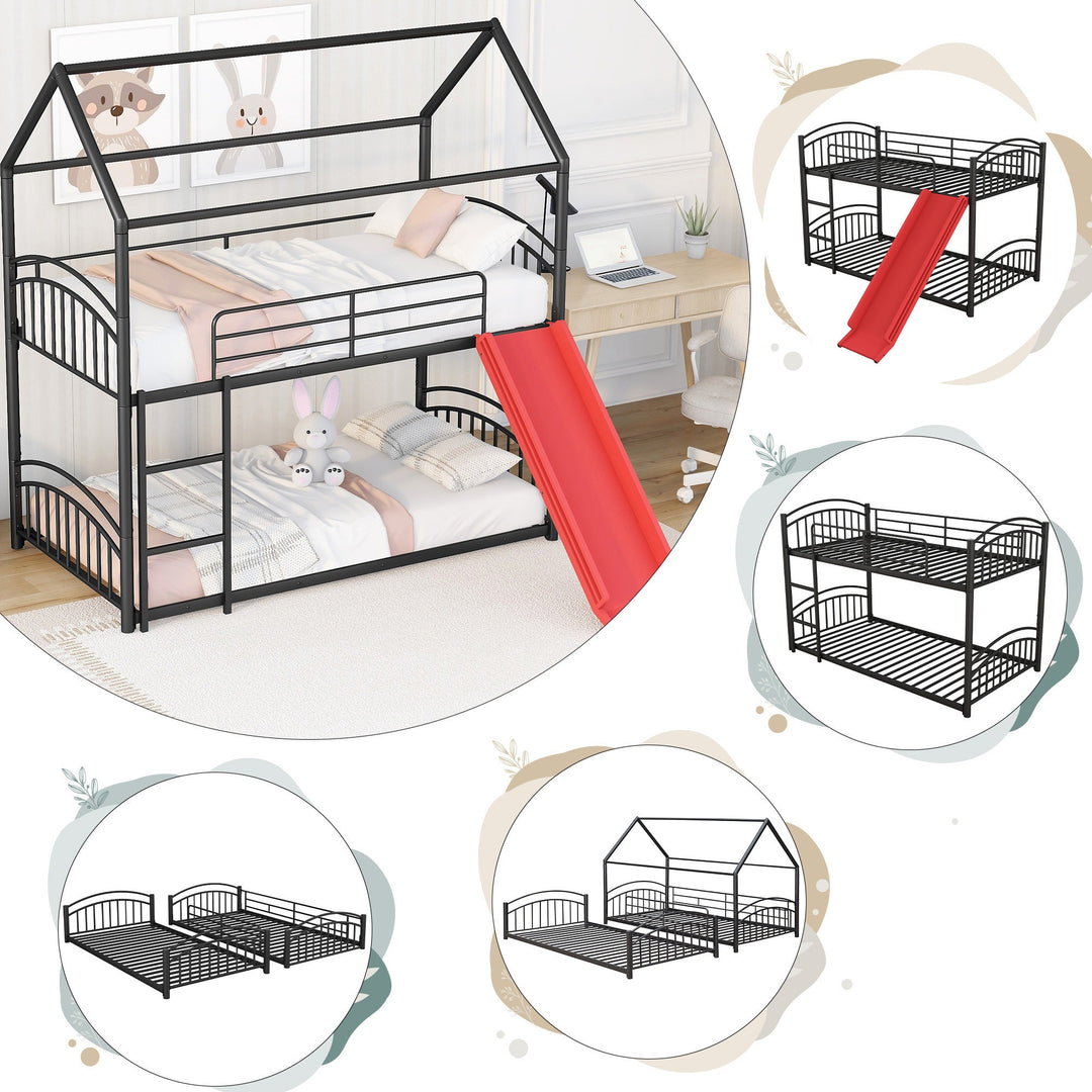 Twin Over Twin Metal Bunk Bed with Slide, House Bed Frame with Playful Design, Sturdy and Modern Structure, Black+Red