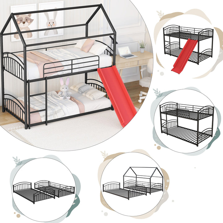 Twin Over Twin Metal Bunk Bed with Slide, House Bed Frame with Playful Design, Sturdy and Modern Structure, Black+Red