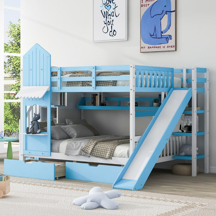 Full Over Full Castle Bunk Bed with Slide, Built-in Storage Drawers and Shelves, Sturdy and Fun Loft Design for Bedroom, Blue