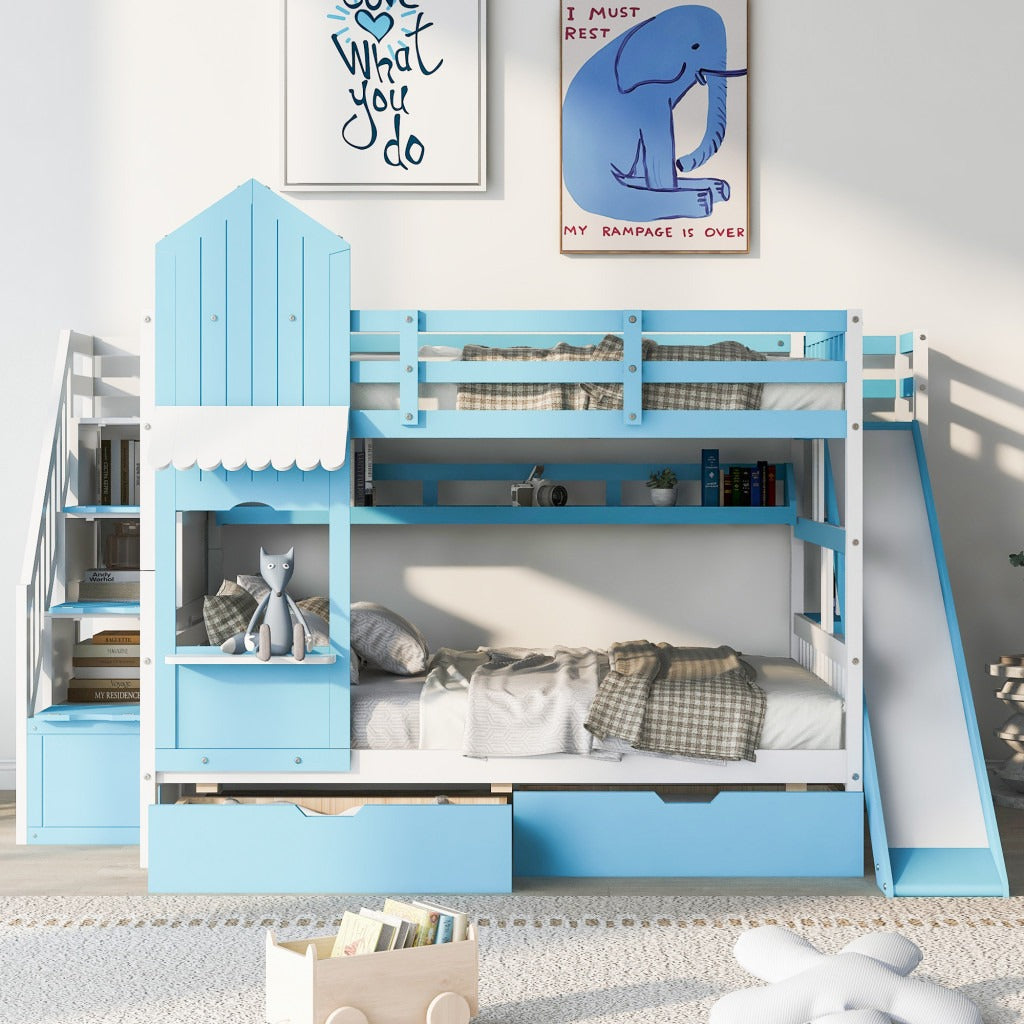 Full Over Full Castle Bunk Bed with Slide, Built-in Storage Drawers and Shelves, Sturdy and Fun Loft Design for Bedroom, Blue