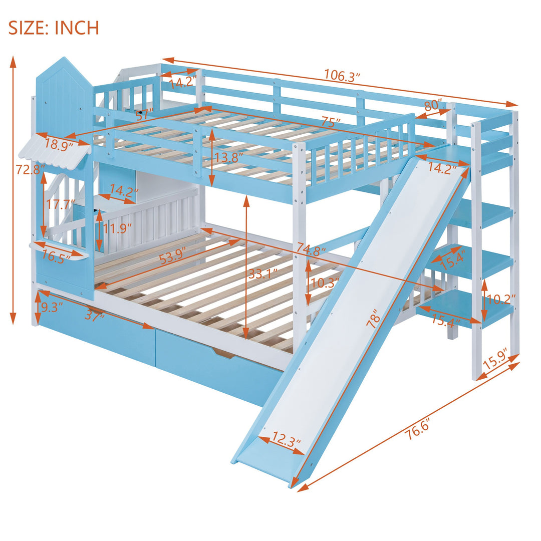 Full Over Full Castle Bunk Bed with Slide, Built-in Storage Drawers and Shelves, Sturdy and Fun Loft Design for Bedroom, Blue