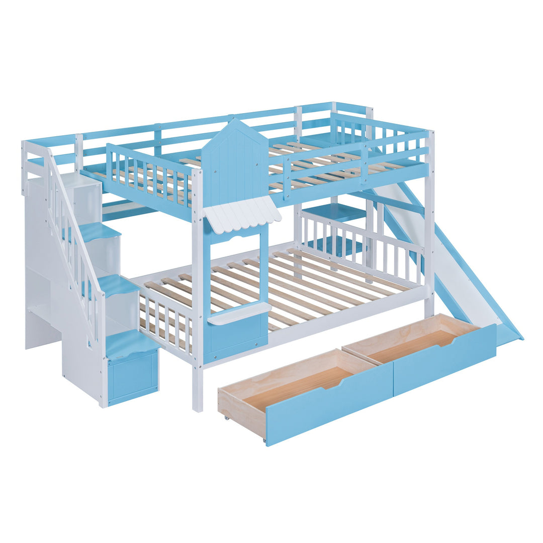 Full Over Full Castle Bunk Bed with Slide, Built-in Storage Drawers and Shelves, Sturdy and Fun Loft Design for Bedroom, Blue