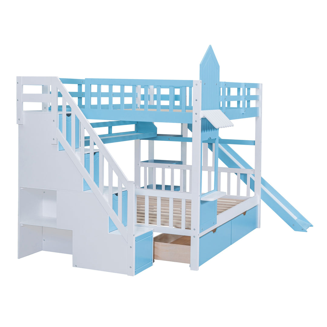 Full Over Full Castle Bunk Bed with Slide, Built-in Storage Drawers and Shelves, Sturdy and Fun Loft Design for Bedroom, Blue