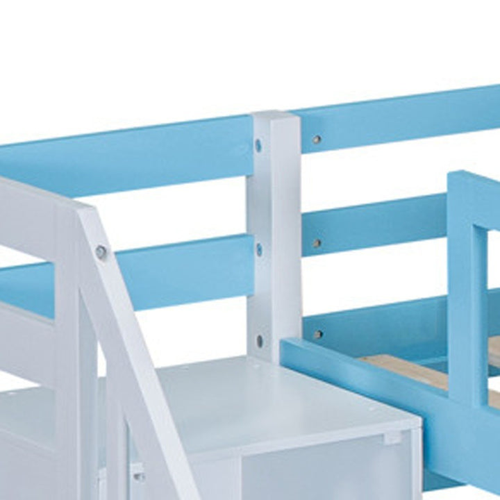Full Over Full Castle Bunk Bed with Slide, Built-in Storage Drawers and Shelves, Sturdy and Fun Loft Design for Bedroom, Blue