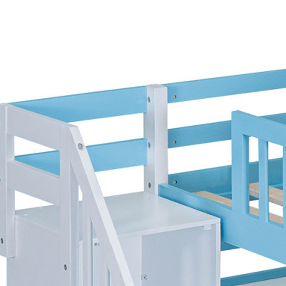 Full Over Full Castle Bunk Bed with Slide, Built-in Storage Drawers and Shelves, Sturdy and Fun Loft Design for Bedroom, Blue