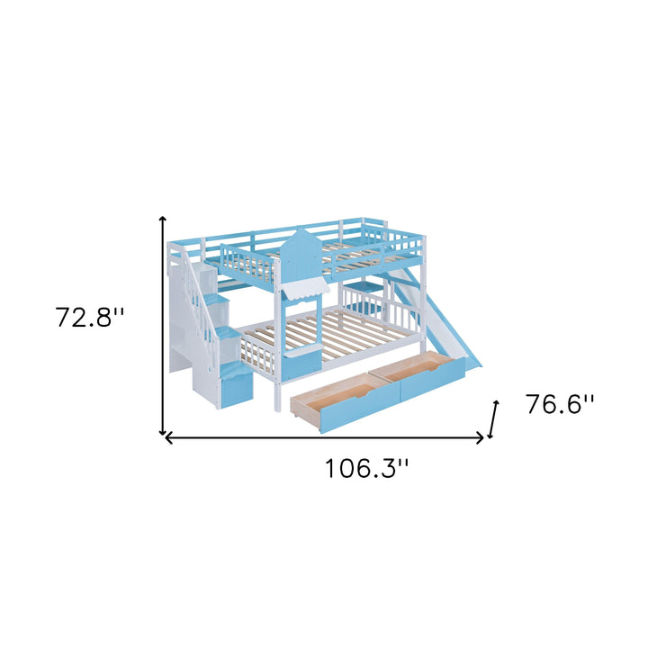 Full Over Full Castle Bunk Bed with Slide, Built-in Storage Drawers and Shelves, Sturdy and Fun Loft Design for Bedroom, Blue