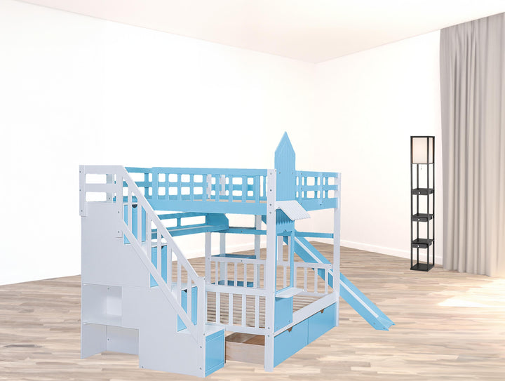 Full Over Full Castle Bunk Bed with Slide, Built-in Storage Drawers and Shelves, Sturdy and Fun Loft Design for Bedroom, Blue