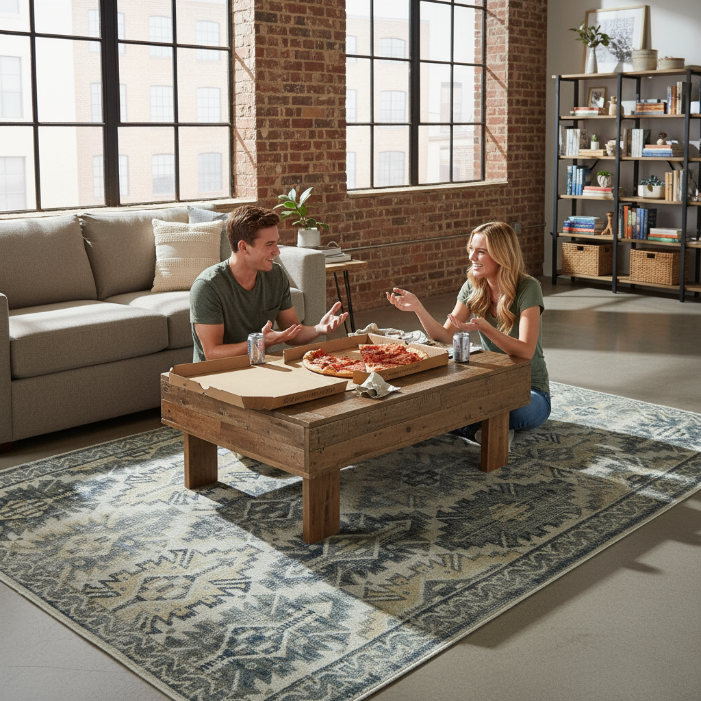 13' X 15' Ivory Green and Blue Aztec Distressed Indoor Outdoor Area Rug